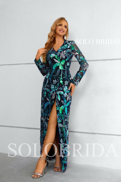 Green and blue Full Sleeve V neck Fit and flare Slit Evening Dress 4510881