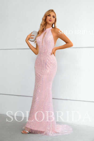 Pink Halter Backless Small Train Fit and flare Evening Dress 4510961