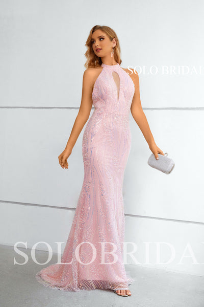 Pink Halter Backless Small Train Fit and flare Evening Dress 4510961