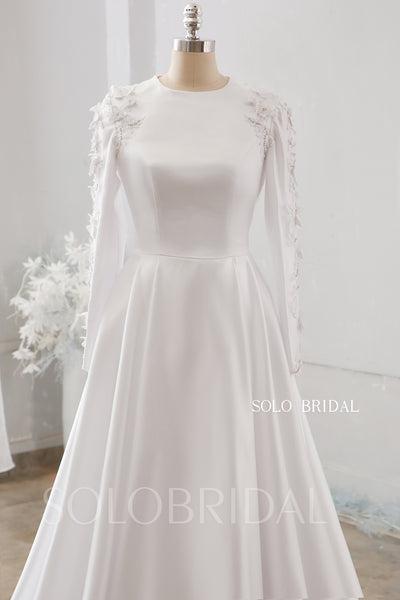 White Muslim Long Sleeve High Neck Sweep Train Wedding Dress 724A0030