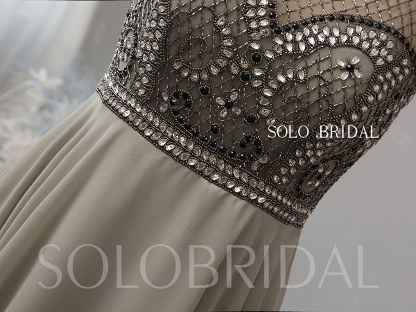 Grey net beaded bodice chiffon prom dress 724A0974
