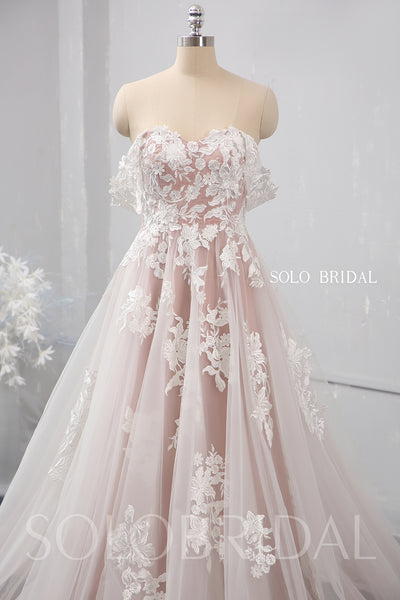 Blush A line off shoulder tulle wedding dress 724A1484