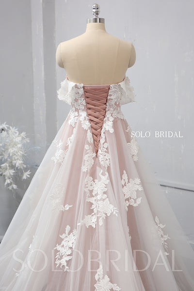 Blush A line off shoulder tulle wedding dress 724A1484