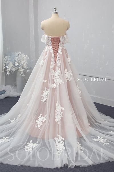 Blush A line off shoulder tulle wedding dress 724A1484