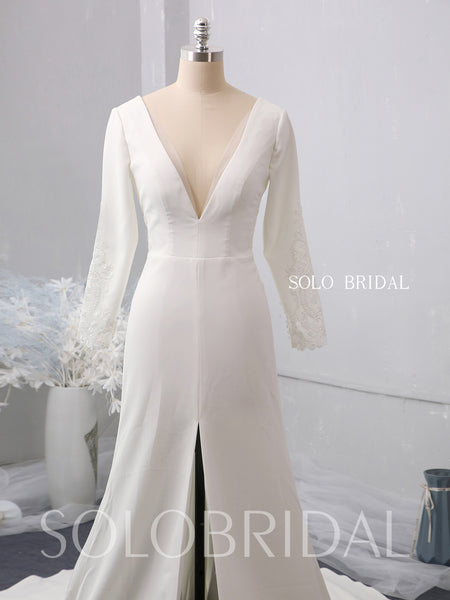 Ivory fitted V neck sleeves split wedding dress 724A1997