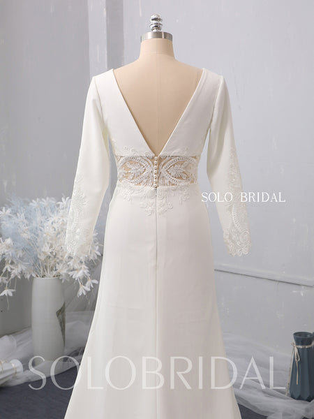 Ivory fitted V neck sleeves split wedding dress 724A1997