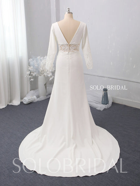 Ivory fitted V neck sleeves split wedding dress 724A1997