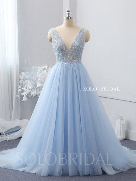 Sky blue V neck beaded top tulle wedding dress 724A2137