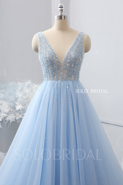 Sky blue V neck beaded top tulle wedding dress 724A2137