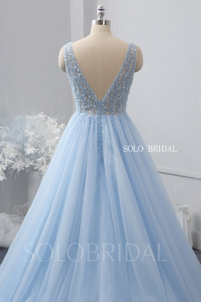 Sky blue V neck beaded top tulle wedding dress 724A2137