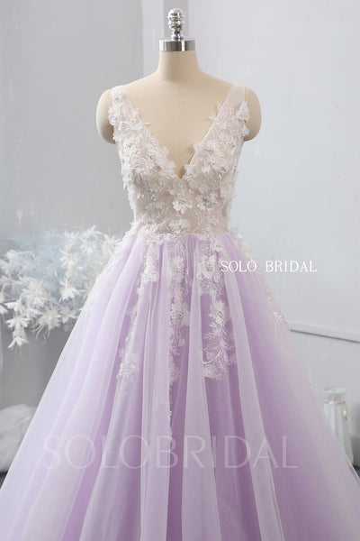 V neck 3D flower ivory and purple wedding dress 724A2293