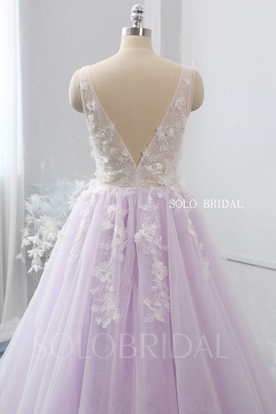 V neck 3D flower ivory and purple wedding dress 724A2293