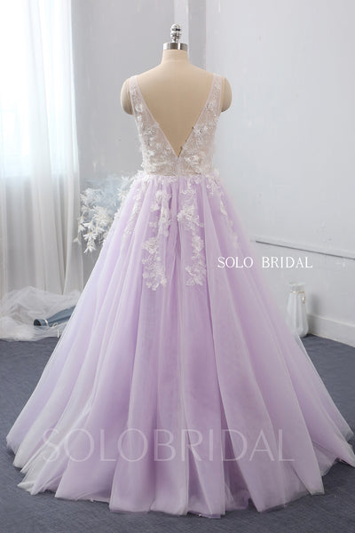 V neck 3D flower ivory and purple wedding dress 724A2293