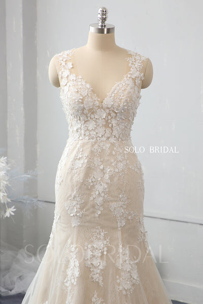 Champagne fit and flare wedding dress with overskirt 724A2395
