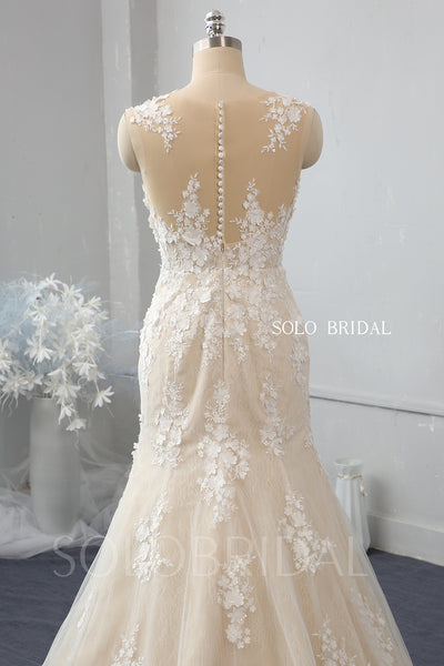 Champagne fit and flare wedding dress with overskirt 724A2395