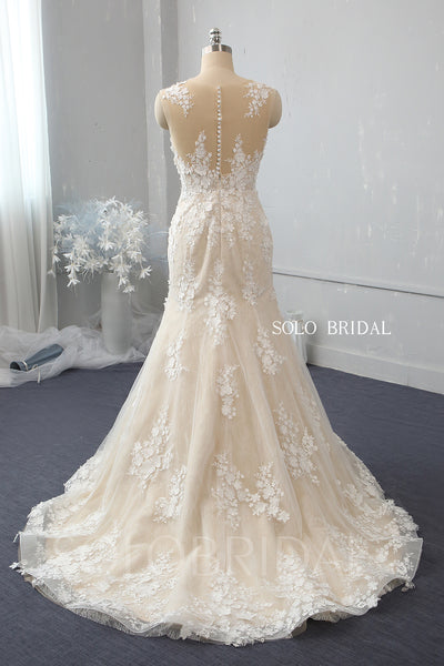 Champagne fit and flare wedding dress with overskirt 724A2395