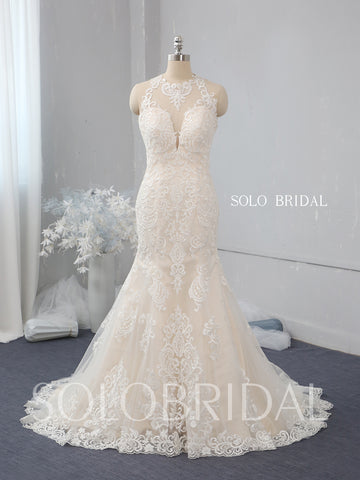 Light champagne fit and flare halter wedding dress 724A2415