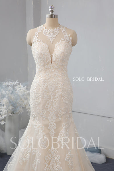 Light champagne fit and flare halter wedding dress 724A2415