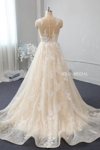 Champagne fit and flare wedding dress with overskirt 724A2395