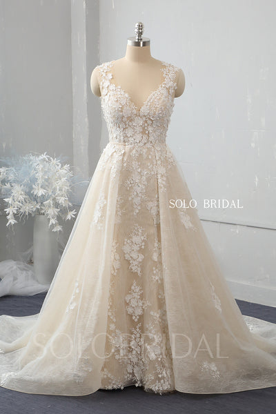 Champagne fit and flare wedding dress with overskirt 724A2395