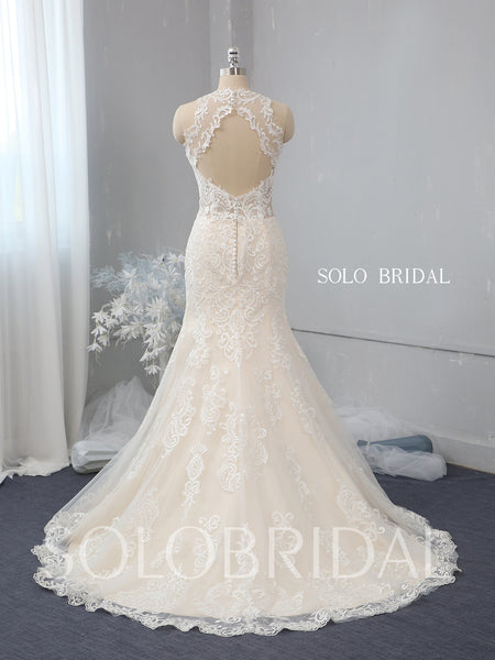 Light champagne fit and flare halter wedding dress 724A2415