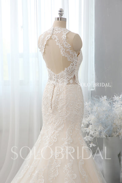 Light champagne fit and flare halter wedding dress 724A2415