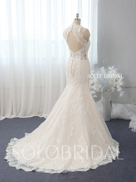 Light champagne fit and flare halter wedding dress 724A2415
