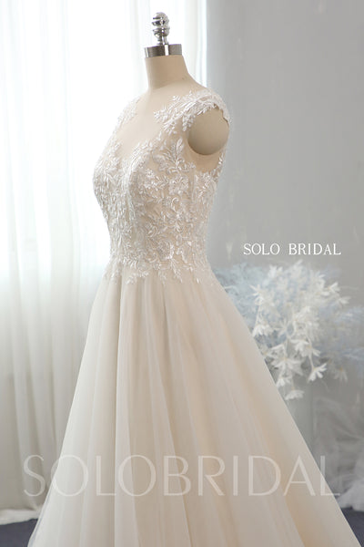 Light champagne A line lace tulle wedding dress 724A2646