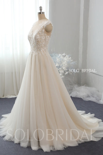 Light champagne A line lace tulle wedding dress 724A2646