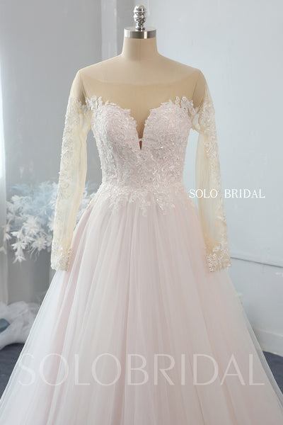 Light pink A line off shoulder long sleeves tulle wedding dress 724A2679