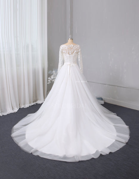 White A line boat neckline long sleeve wedding dress 724A2679