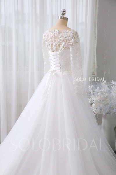 White A line boat neckline long sleeve wedding dress 724A2679