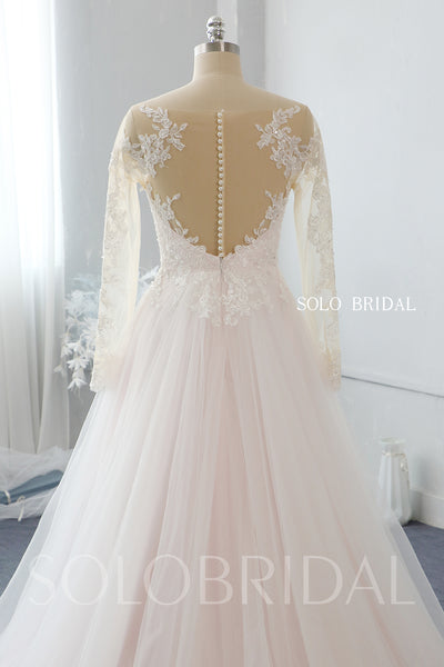 Light pink A line off shoulder long sleeves tulle wedding dress 724A2679