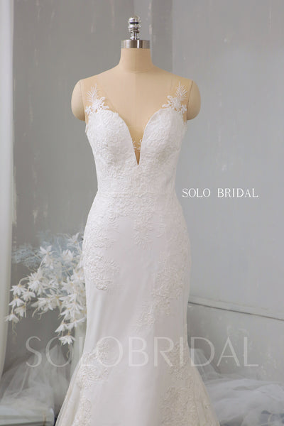 Ivory plunge fit and flare crepe wedding dress 724A2776