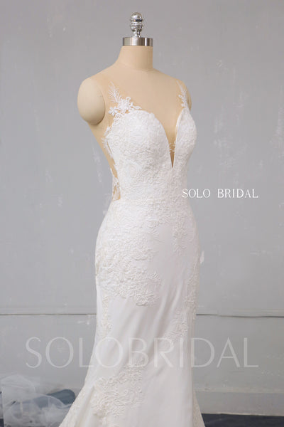 Ivory plunge fit and flare crepe wedding dress 724A2776