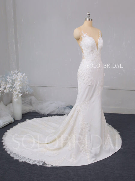Ivory plunge fit and flare crepe wedding dress 724A2776