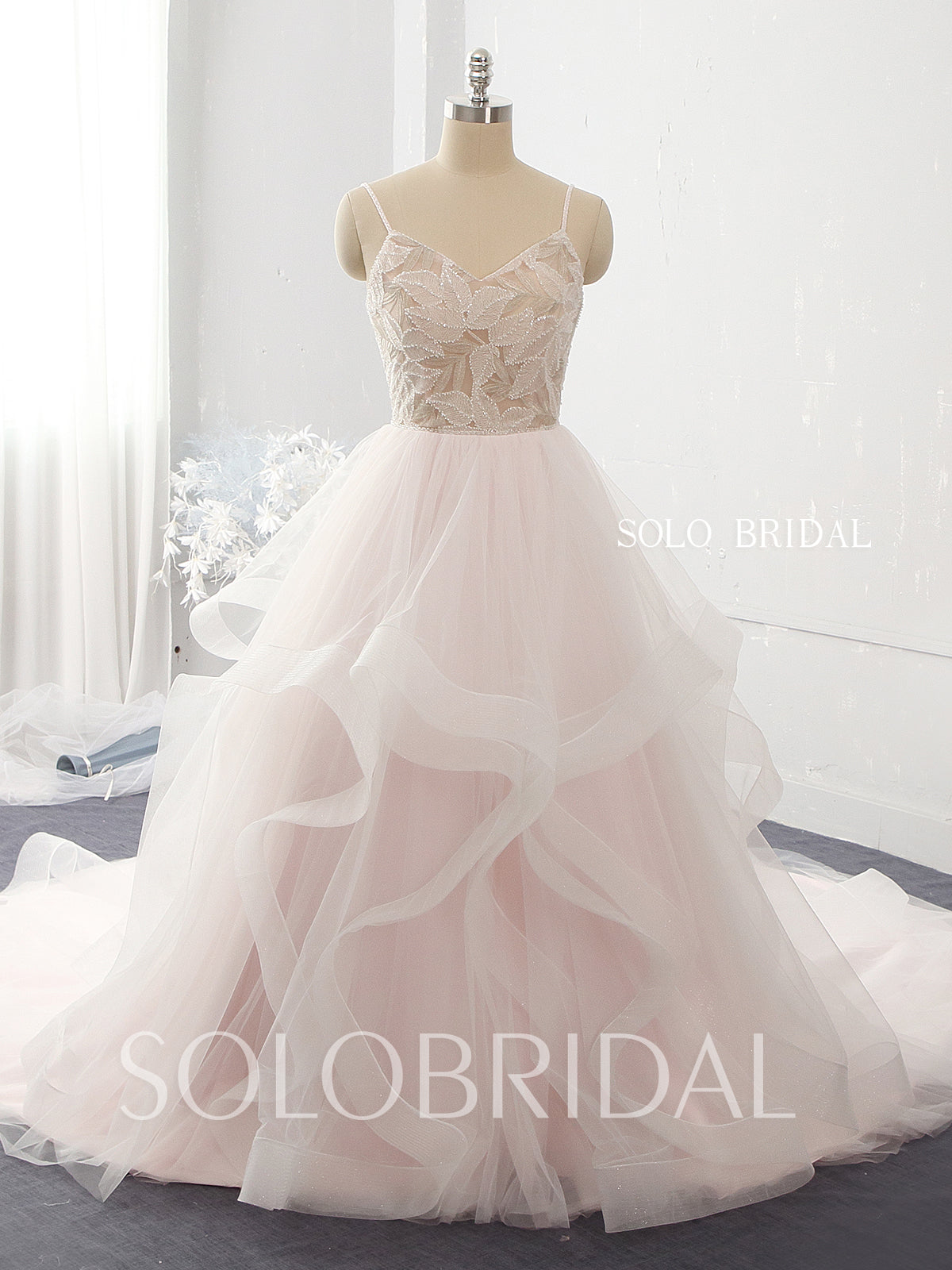 blush pink ruffle wedding dress Blush Pink Fit & Flare Wedding Dress: Colored Wedding Dress Elegance Boom Blush