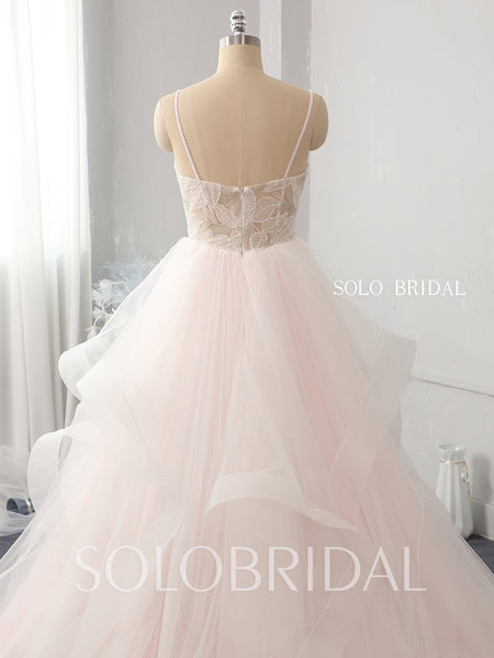 Blush pink ruffle skirt shiny lace beaded leaf lace wedding dress 724A3032a