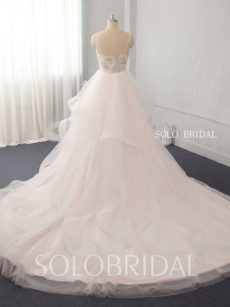 Blush pink ruffle skirt shiny lace beaded leaf lace wedding dress 724A3032a
