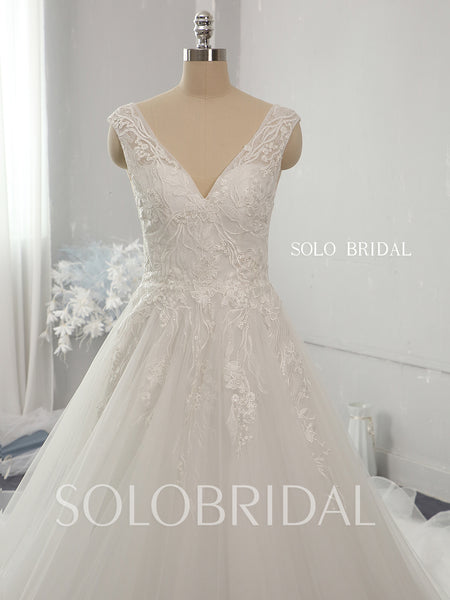 Ivory V neck low back cathedral train ruffle hem wedding dresses 724A3062a