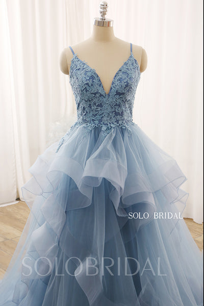 Blue V Neck Ball Gown Ruffle Skirt Lace Up Wedding Dress 724A3664