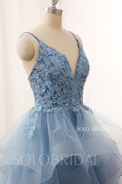 Blue V Neck Ball Gown Ruffle Skirt Lace Up Wedding Dress 724A3664