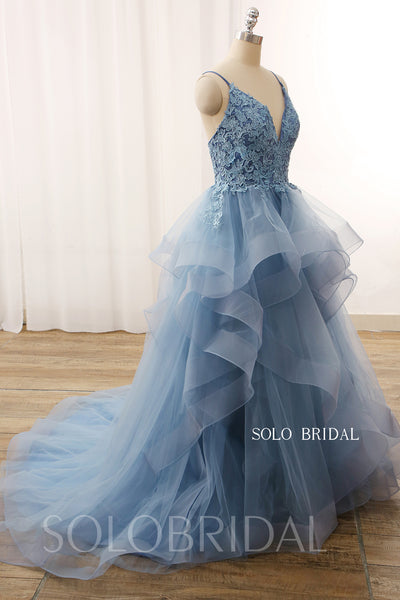 Blue V Neck Ball Gown Ruffle Skirt Lace Up Wedding Dress 724A3664