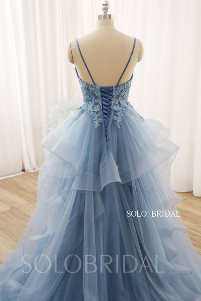 Blue V Neck Ball Gown Ruffle Skirt Lace Up Wedding Dress 724A3664