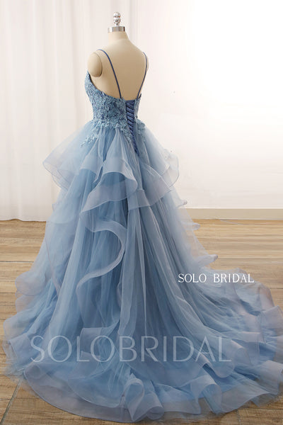 Blue V Neck Ball Gown Ruffle Skirt Lace Up Wedding Dress 724A3664