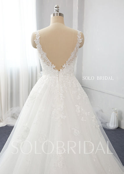 Ivory V Neck Long Lace Tulle Corset Wedding Dress A Line Bridal Gowns 724A4779