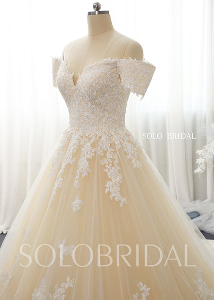 Champagne A line plunge neck off shoulder tulle lace wedding gowns 724A4805