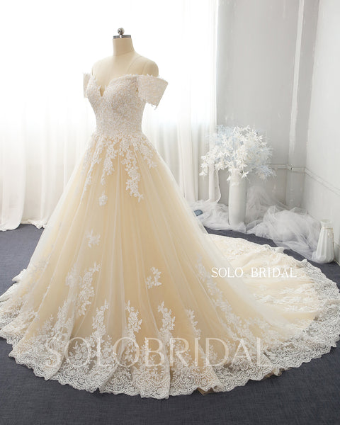 Champagne A line plunge neck off shoulder tulle lace wedding gowns 724A4805