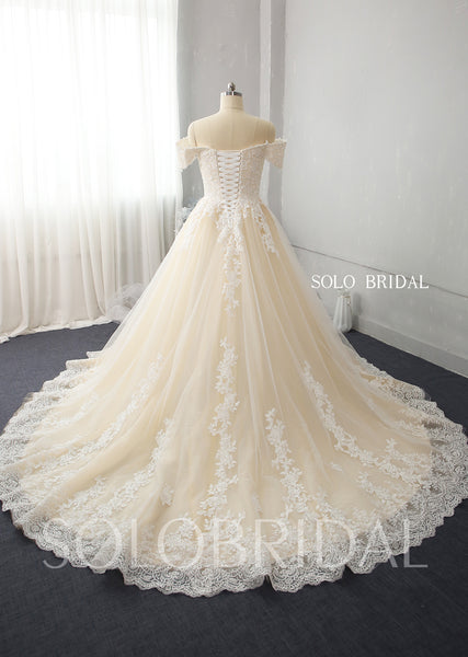 Champagne A line plunge neck off shoulder tulle lace wedding gowns 724A4805