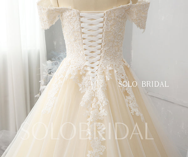 Champagne A line plunge neck off shoulder tulle lace wedding gowns 724A4805